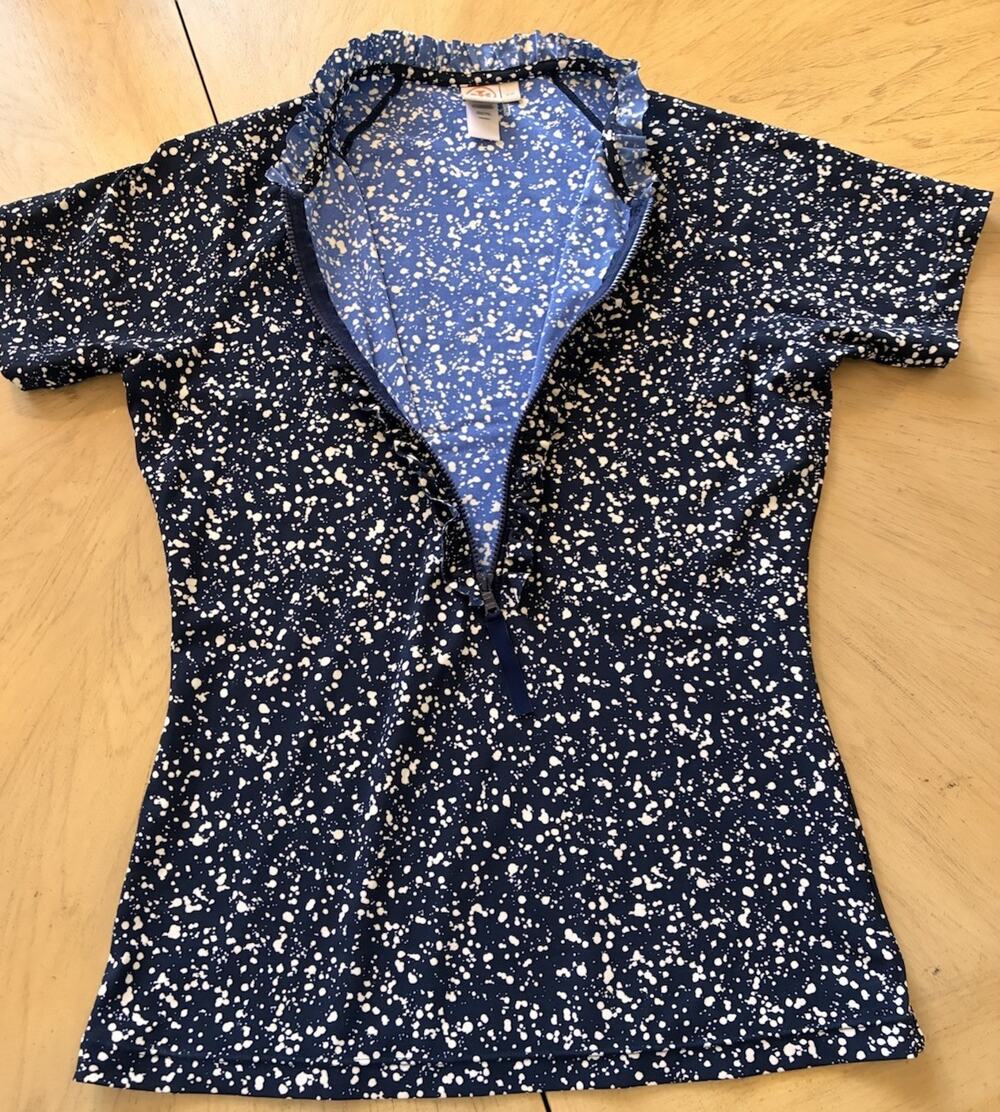 TORY BURCH Swim Surf Shirt Ruffles Blue Sporty Golf Pool Outdoor Top UPF 50 M